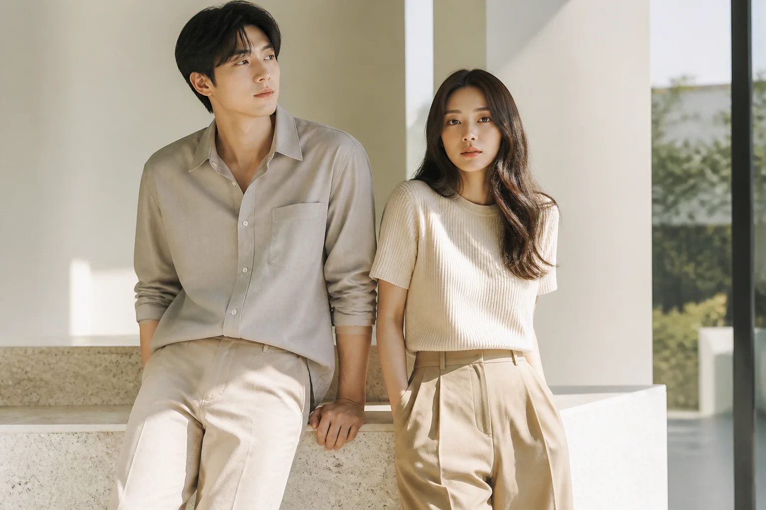 현대적인 일상 캐주얼 웨어 컬렉션을 착용한 모델들